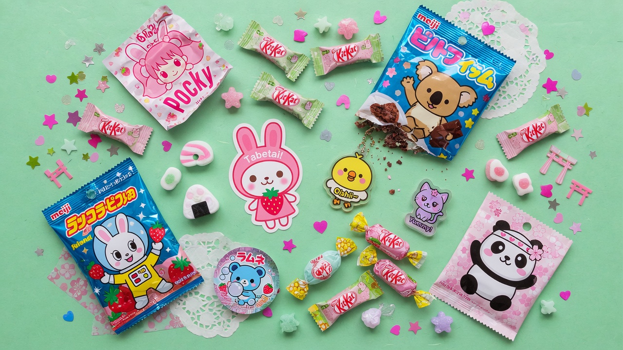 Flat lay of Japanese snack wrappers and candy